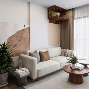 kệ trang trí phòng khách kết hợp những màu trung tính be, ghi, trắng