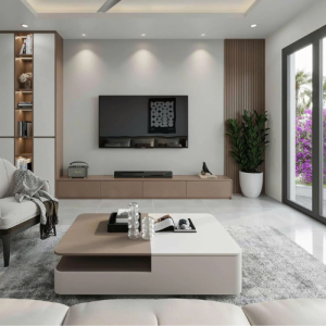 kệ trang trí hiện đại kết hợp tủ, vách