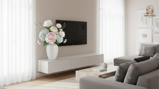 bình hoa trang trí kệ phòng khách hiện đại