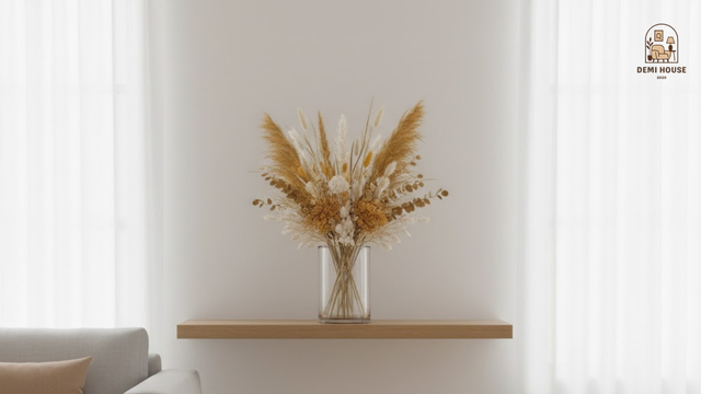 Bình hoa khô tone vàng đất trên kệ phòng khách hiện đại